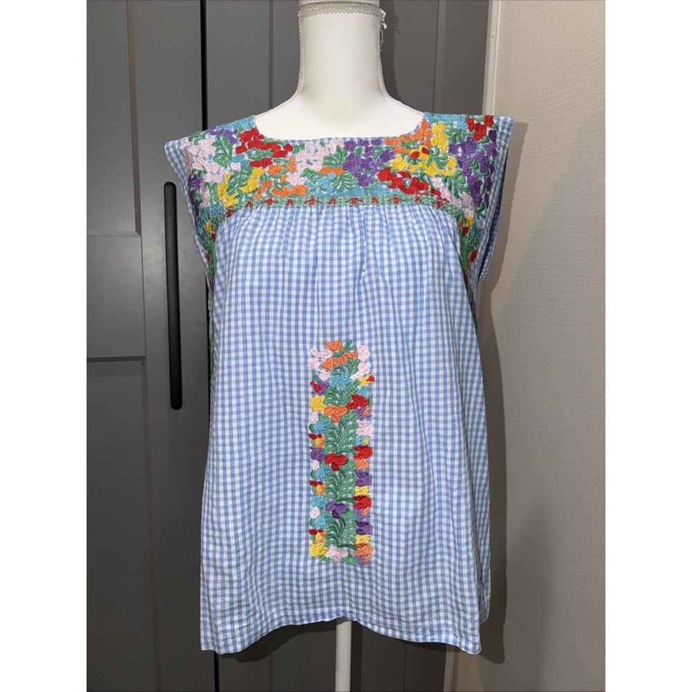 J. Marie Blue Gingham Embroidered Sleeveless Blouse Top Sz S New Without Tags